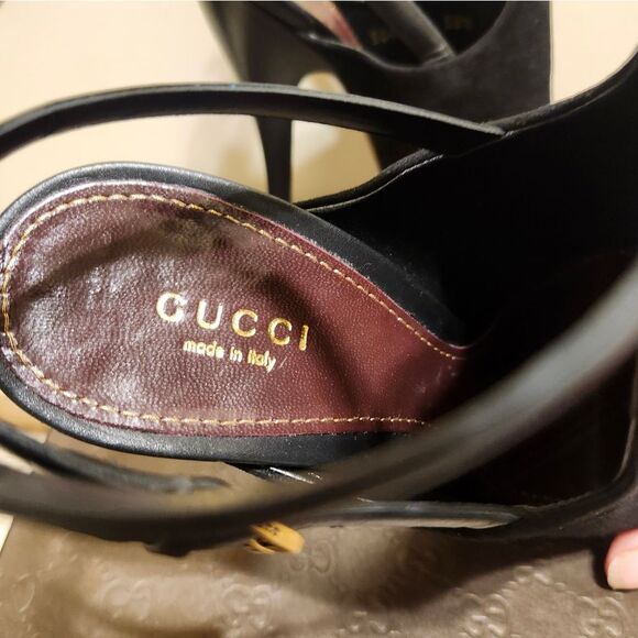 NIB Gucci Blck Suede/Leather Peep Toe Slingback Ankle Strap Pumps Sz.8/38.5 $995 - Picture 7 of 12